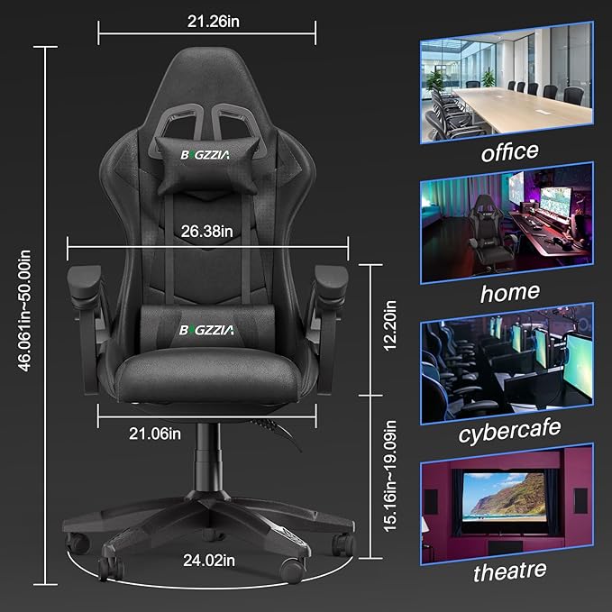 Gaming Chair High Back Ergonomic Computer Gamer Chair with Headrest and Lumbar Support Racing Style Reclining Game Chair for Adults Kids (Black)