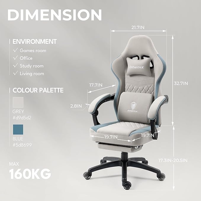 Dowinx Gaming Chair Breathable Fabric Game Chair with Gel Pad and Storage Bag Comfortable Gamer Chair with Pocket Spring CushionErgonomic Computer Chair with FootrestGrey