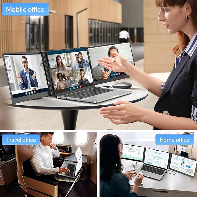 14.2’’ Triple Laptop Screen Extender 0.17 Ultra-Slim FHD 1080P Portable Monitor for Laptop Tri-Screen Travel Monitor Extender Plug-Play for Windows/Mac/Chrome Fit 13”-17.3” Laptops