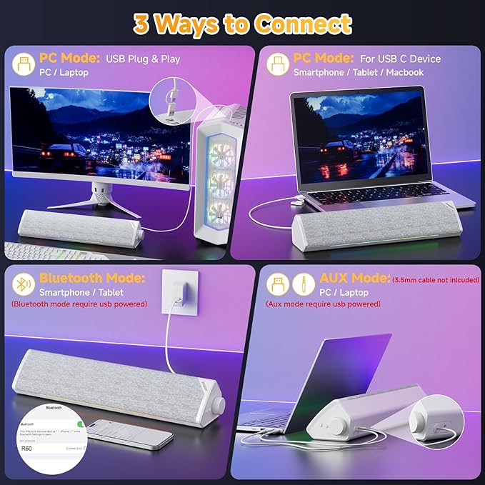 SOULION Computer Speakers USB-Powered Bluetooth PC Soundbar with Dynamic RGB LED Lights Surround Sound for Desktop Laptop Office Work Music &amp Gaming White (USB-C to USB Adapter Included)