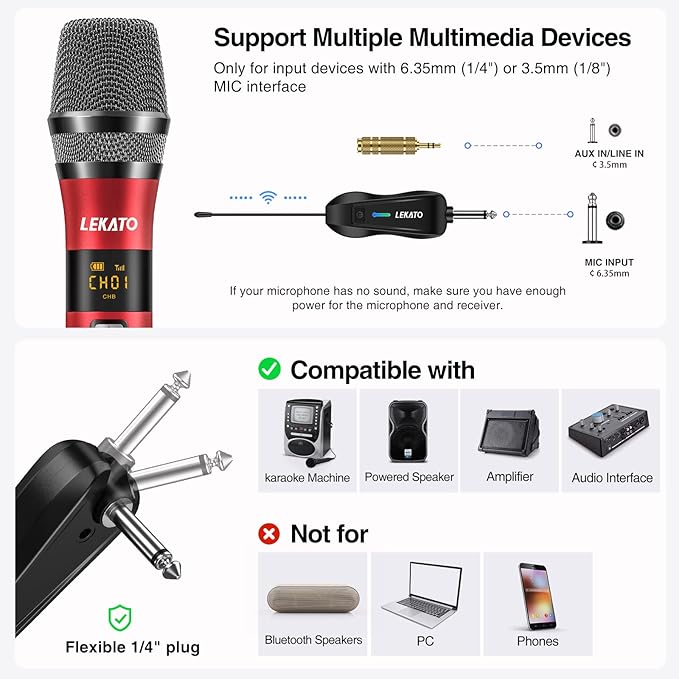 LEKATO Wireless Microphone Rechargeable Wireless Microphones with Receiver Dual Handheld Microphone System Dynamic MIC for Singing Speech Wedding ChurchSpeaker PA System
