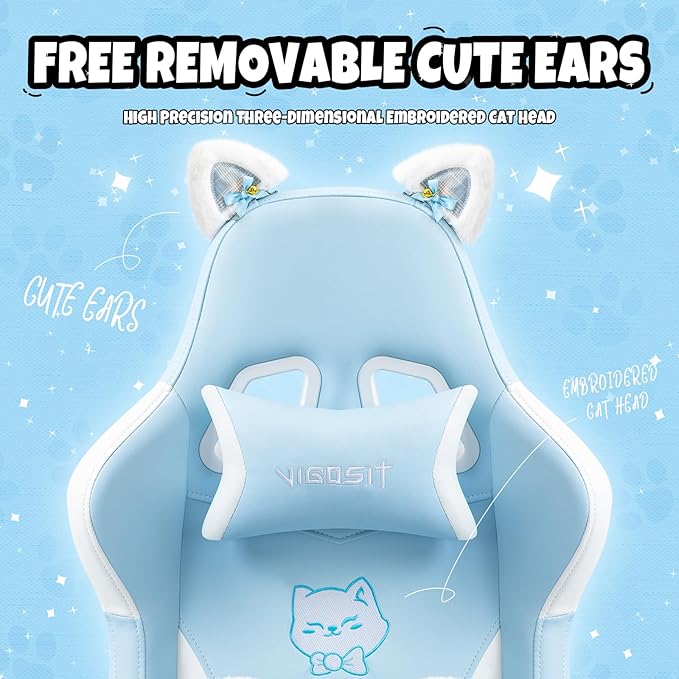 Cute Cat Ears Gaming Chair with Paw Lumbar Cushion High Back Computer Chair with Footrest 360° Swivel Height Adjustable Recliner Game Chair for Girls 300lbs (Blue)