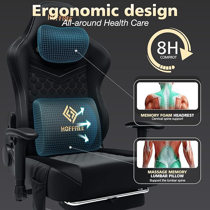HOFFREE Gaming Chair Suede Fabric with Speakers Massage Gaming Chairs with Pocket Spring Cushion 165° Reclining Computer Office Chair for Adults Ergonomic Computer Chair with Footrest Black
