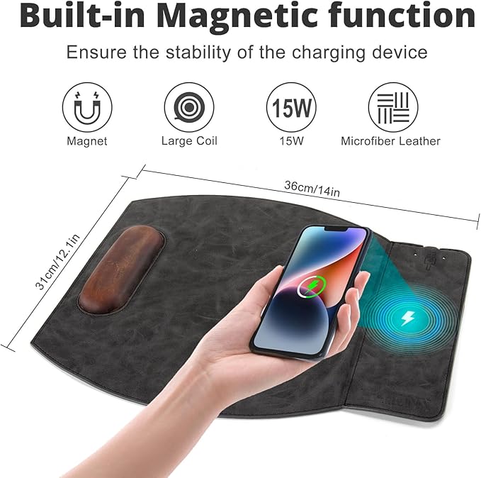 Magnetic Wireless Charging Mouse Pad with Ergonomic Design Mousepad with Wrist Support Foldable Mousepad with Wrist Rest for Computer Laptop Office &amp Home 14 x 12.1 in Grey
