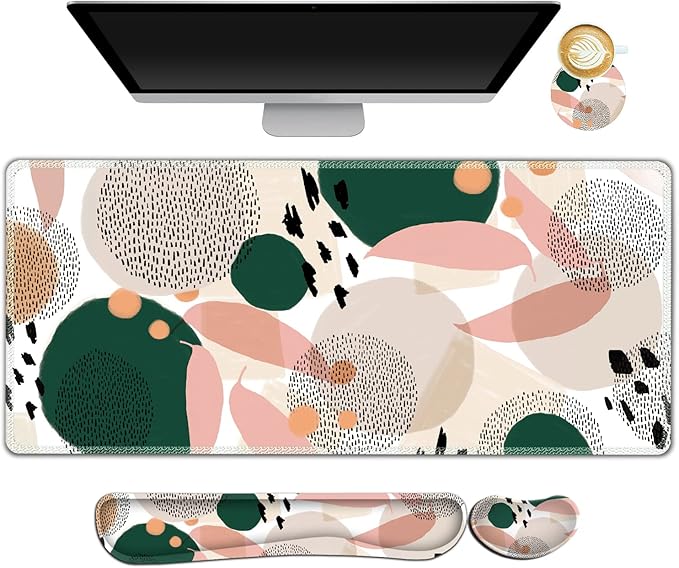 ARTSO Gaming Mouse Pad Wrist Support Set XXL Large Desk Mat Mousepad + Keyboard Wrist Support+ Mouse Wrist Rest+Coaster 4in1 Ergonomic Memory Foam Stitched Edge for Home Office -Abstract Point