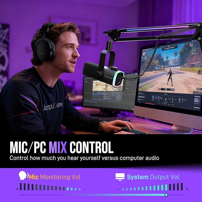 FIFINE Gaming Microphone Kit XLR/USB Dynamic PC Microphone with Boom Arm for Podcast Recording RGB Streaming Mic Set Tap-to-Mute Mix Control Headphone Jack-AmpliGame AM8PROT