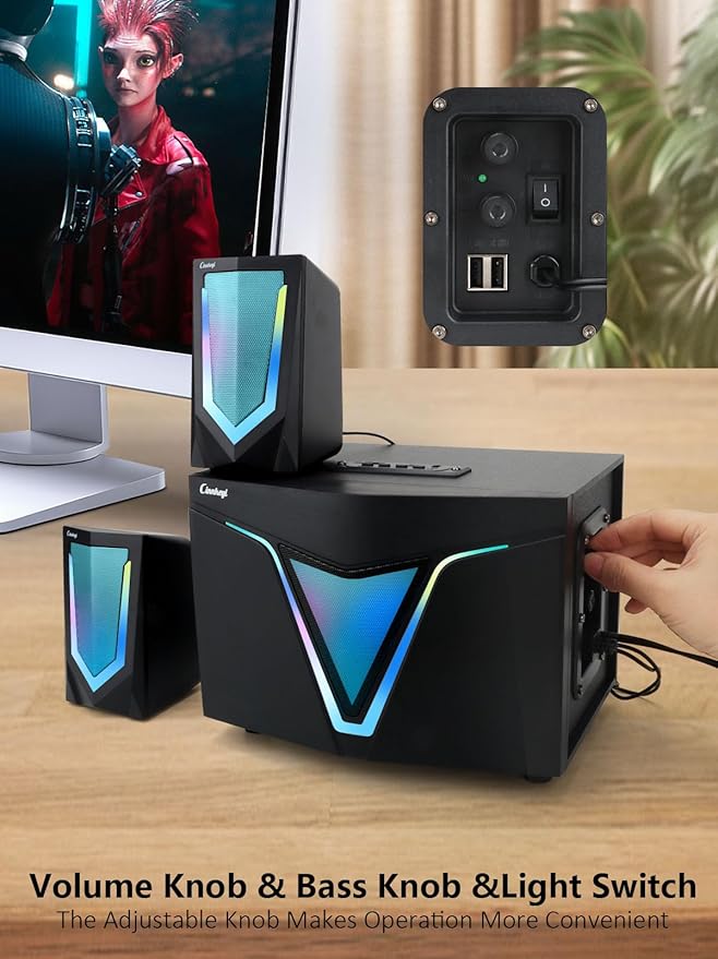2.1 USB-Powered Computer Speaker with SubwooferPC Speakers with subwoofer-Dual 4.7'' mid-Treble Full-Range Satellites for PCSpeaker with Dynamic RGBUp to 16W 3.5mm Inputs