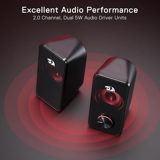 Redragon GS500 Stentor PC Gaming Speaker 2.0 Channel Stereo Desktop Computer Speaker with Red Backlight Quality Bass and Crystal Clear Sound USB Powered with a 3.5mm Connector