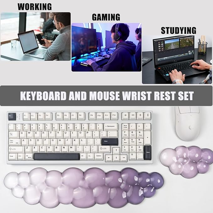 Ergonomic Cloud Silicone Gel Keyboard and Mouse Wrist Rest Set – Clear Wrist Rest for Computer Keyboard 60%/68%/75% Comfort &amp Support for Typing and Gaming (Grey Purple)