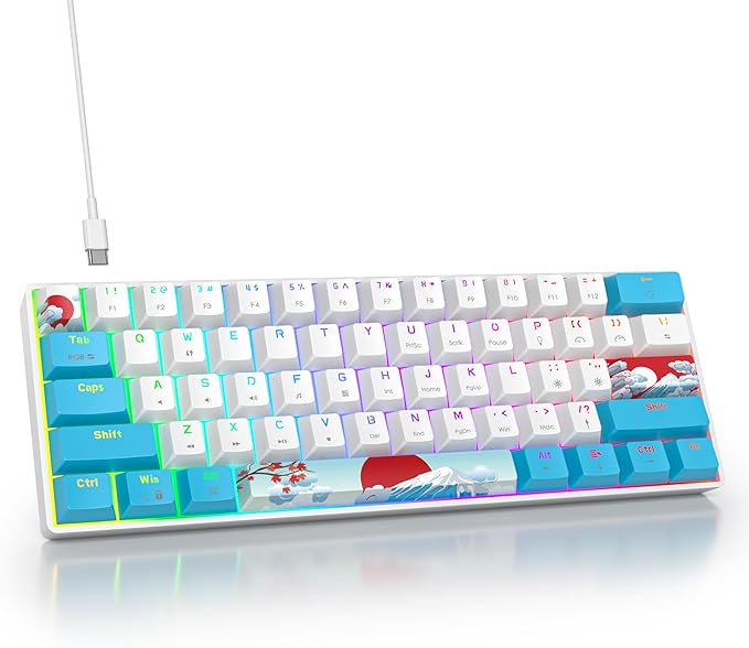 60 Percent Keyboard Mechanical RGB Backlit Wired 60% Gaming Keyboard Blue with PBT Keycaps for Windows PC Gamers (Sea/Red Switch)