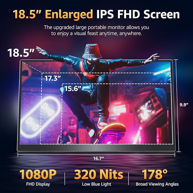 Portable Monitor 18.5 inch FHD 125% sRGB 100Hz IPS HDR HDMI USB-C Travel Monitor for Laptop MacBook PC Surface PS5 Xbox Large External Display with Kickstand &amp Speakers VESA Compatible