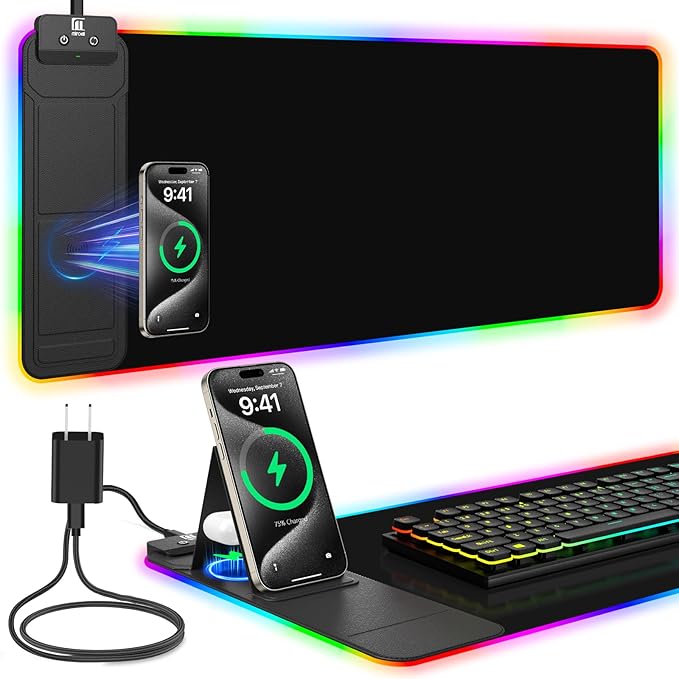 Mouse Pad with Foldable Phone Holder &amp Wireless Charger XL RGB Gaming Mousepad 31.5x11.8 Large Desk Mat for Keyboard Home Desk Pad with Dual Qi Charging Station | 11 Colors &amp 5 Modes | Wat