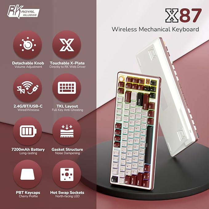 RK ROYAL KLUDGE X87 Gasket Mechanical Keyboard 75% Wireless Gaming Keyboard with Touchable X-Plate &amp Volume Knob Bluetooth/2.4GHz/Wired Hot Swappable RGB Backlit (Red Linear Cream Switch)