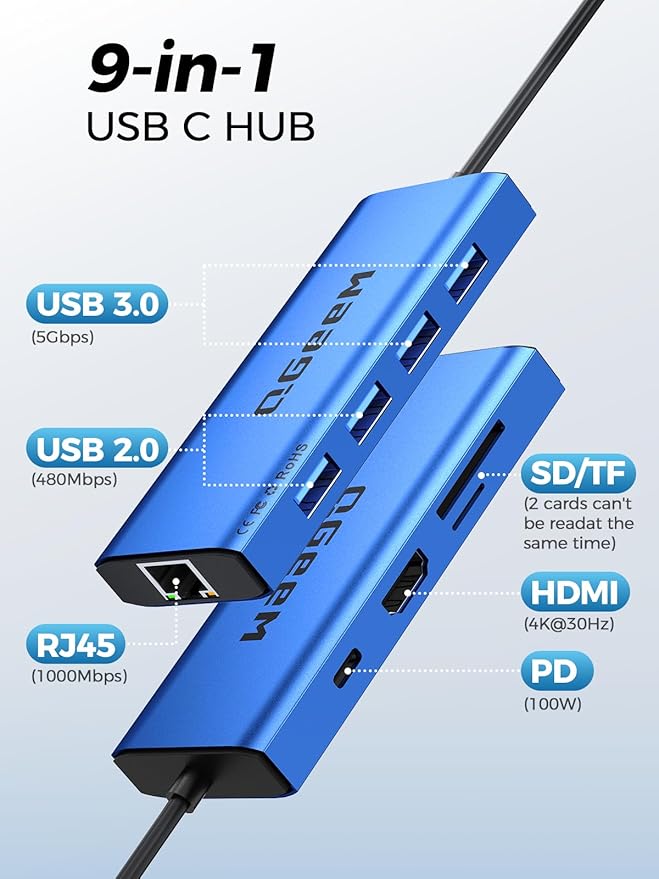 QGeeM USB C Hub Ethernet9 in 1 USB Type C Hub HDMI Multi-Port Converter Adapter100W Pd USB 3.0SD/TF Card ReaderCompatible for MacBook Pro Air Ipad HP Dell Lenovo Chromebook etc.-Blue