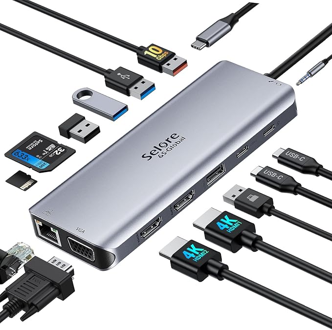 USB C Docking Station Dual Monitor 14-in-1 Triple Display Dual 4K HDMI &amp VGA 10Gbps Data Transfer 100W PD Gigabit Ethernet SD/microSD Card Reader Audio - USB-C Hub for Dell HP Lenovo MacBook