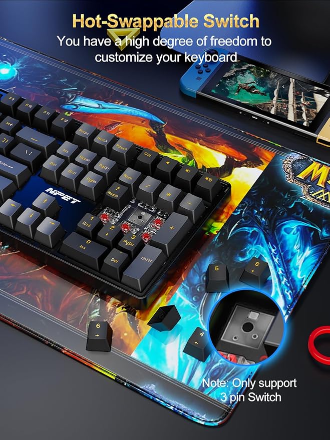 NPET CR108 RGB Gaming Keyboard and Mouse Combo 108 Keys Swappable Custom Wired Mechanical Keyboard Linear Red Switches Adjustable Gaming Mouse for PC Mac Xbox Gamer (108 Keys Black Grey)