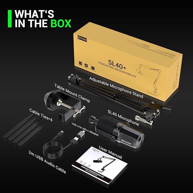 FDUCE Dynamic Microphone XLR/USB Podcast Recording PC Microphone for Vocal Voice-Over Streaming Studio Metal Mic with Mute Headphone Jack Monitoring Volume Control with Boom Arm (SL40+)
