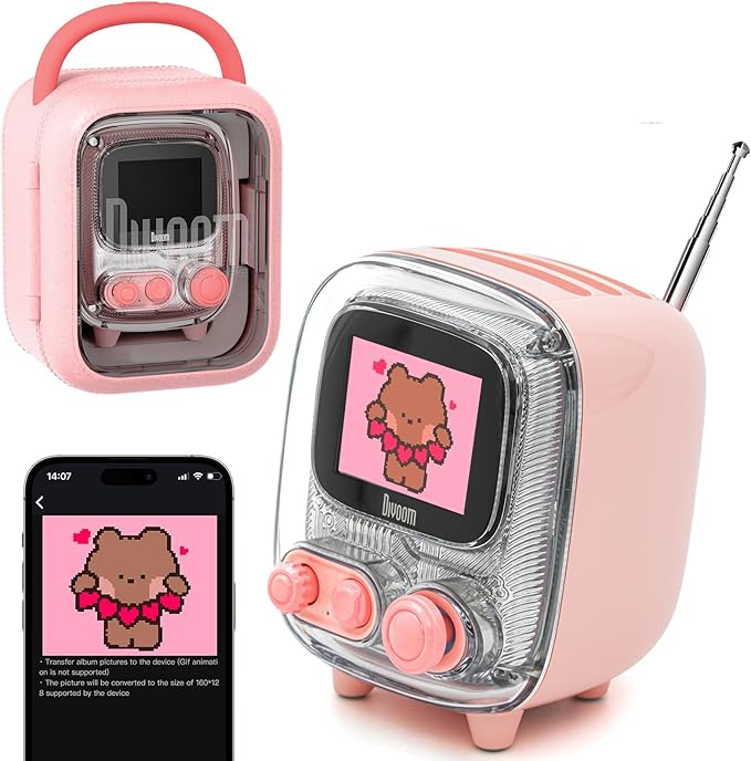 Divoom Tiivoo-2 Retro Bluetooth Speaker with FM RadioPixel Art Portable Mini Cute Wireless Small SpeakerVintage Decor Suitable for Party Office Desk Home Bedroom KitchenGifts for Women MenPink