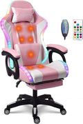 Massage Gaming Chair with Speakers and LED Light Ergonomic Computer Gaming Chair with Footrest and Adjustable Lumbar Support PU Leather 90°-135° Racing Video Gaming Chair.Pink