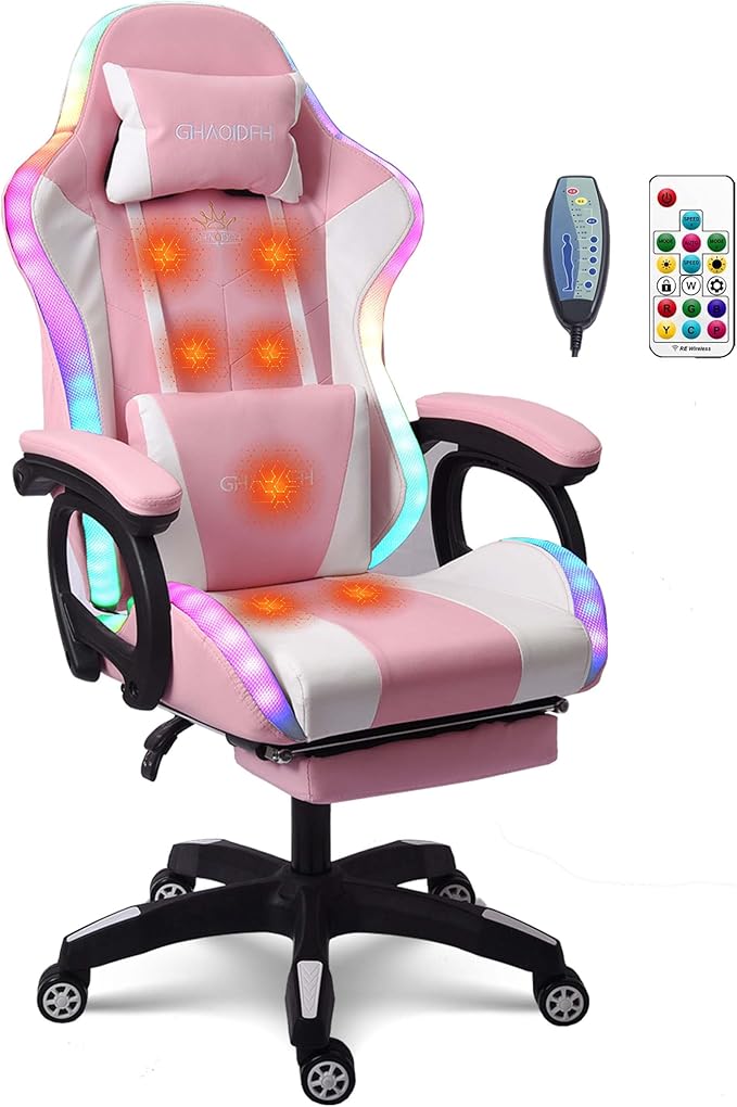 Massage Gaming Chair with Speakers and LED Light Ergonomic Computer Gaming Chair with Footrest and Adjustable Lumbar Support PU Leather 90°-135° Racing Video Gaming Chair.Pink