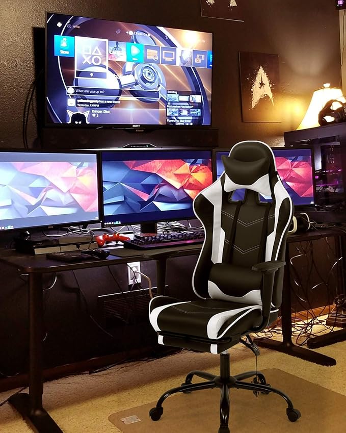 Massage Gaming Chair Ergonomic Computer Racing Style Office Chair Adjustable High Back Gamer Chair for Home Office with Footrest Headrest Lumbar SupportWhite