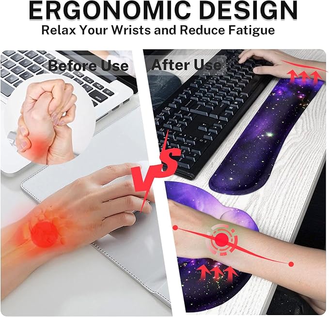 Britimes Space Galaxy Purple Keyboard Mouse Pad Set 4in1 Large Mousepad+Keyboard Wrist Rest+Mouse Wrist Rest+Coaster Ergonomic Design for Home Office Computer 35.4x15.7 inches