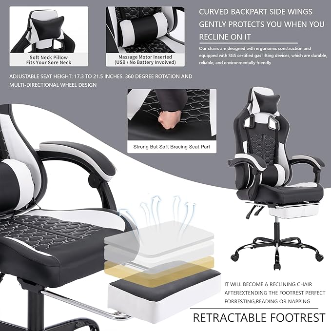 Computer Chair Gaming Gaming Chair with Massager Ergonomic High Back Racing Style Chair with Padded Armrests and Headrest for Long Sessions Work Game (Black White)