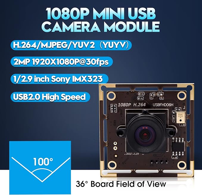 1080P USB Camera Module with 100 Degree No Distortion Lens2MP Tiny USB Camera with IMX323 Sensor Mini UVC Video Webcam with MicrophoneCompatible with WindowsLinux Mac OS and Raspberry Pi