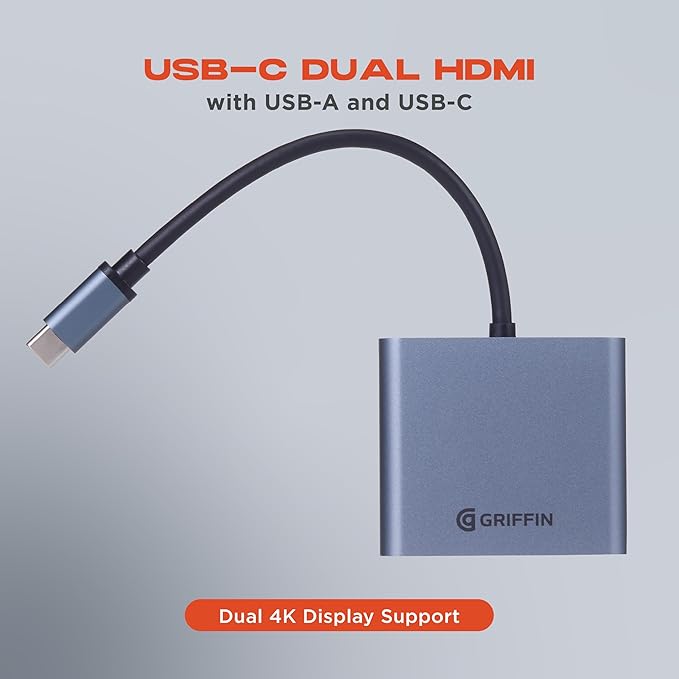 Griffin - 4-in-1 Hub USB C Hub Multiport Adapter with USB 3.0 Dual 4K HDMI Adapter for Laptop MacBook and More 100W Power Delivery