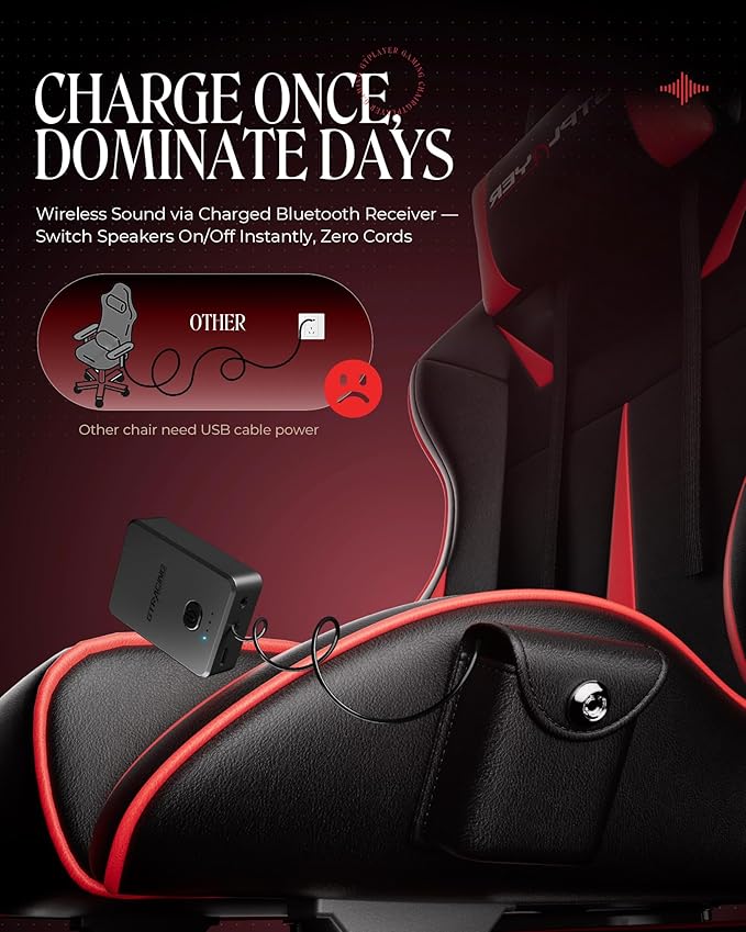 GTPLAYER Gaming Chair with Speakers Video Game Chairs with Footrest PC Game Chairs for Adults - Padded High Back Ergonomic Reclining Silla Linkage Armrest 909MF Black-Red
