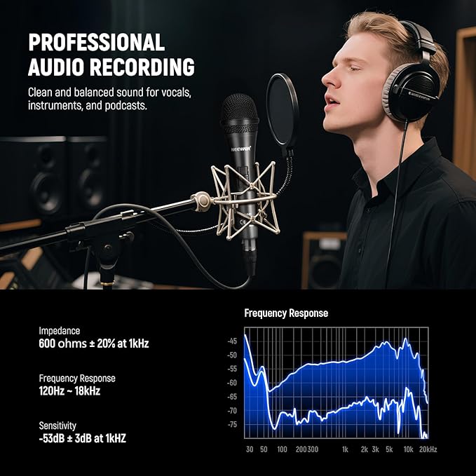 NEEWER NW-040 Cardioid Dynamic Microphone with XLR Cable Rigid Metal Shell Cleaning Cloth Unidirectional Pickup Mic for Musical Instruments Voice Public Speech Podcast Singing PC Gaming Streaming