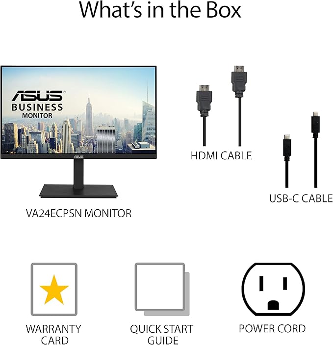ASUS 23.8” 1080P Docking Monitor (VA24ECPSN) - Full HD IPS 75Hz Adaptive-Sync Speakers Eye Care Low Blue Light Flicker Free USB-C RJ45 HDMI Frameless Height Adjustment VESA Wall Mountable
