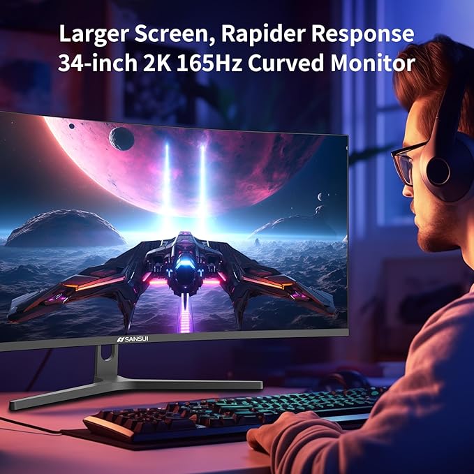 SANSUI 34-Inch Curved Gaming Monitor UWQHD 3440 x 1440 Up to 165Hz Curved 1500R - PIP/PBP 1ms(MPRT) HDR 300nits sRGB 125% DCI-P3 95%FreeSyncHDMIx2DP1.4(Cable Included)