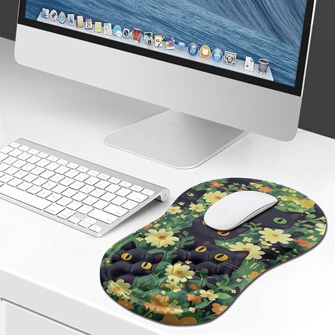 Hokafenle Ergonomic Mouse Pad Wrist Support Wrist Rest Mousepad for Carpal Tunnel Pain Relief with Integrated Memory Foam Slope Massage Bulge (11.8x7.9 inchCute Cat