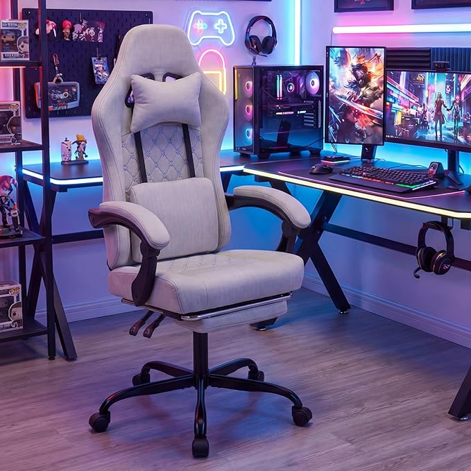 Giantex Gaming Chair Ergonomic Computer Chair with Headrest Lumbar Support Linkage Armrests Reclining Backrest &amp Footrest High Back Swivel Office Chair Video Game Chair (Grey)