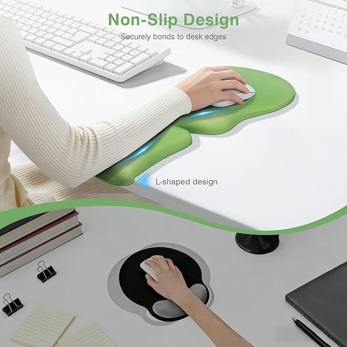 Ospelelf Mouse Pad with Wrist Rest Set Foam L-Shaped Desk Elbow Pad Ergonomic Desk Edge Cushion Anti-Slip Rubber Bottom Office Women Desk Accessories for Computer Laptop and Gaming Dark Green