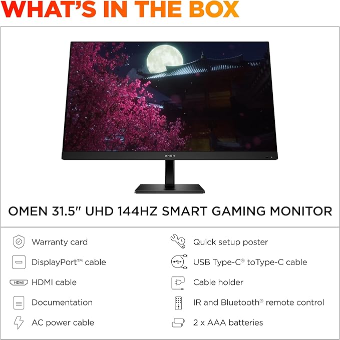 HP OMEN 31.5 inch UHD 144Hz Smart Gaming Monitor 4K UHD Display (3840 x 2160) IPS Panel Technology VESA DisplayHDR 400 1ms GtG (with Overdrive) NVIDIA G-SYNC Compatible Black OMEN 32x (2025)