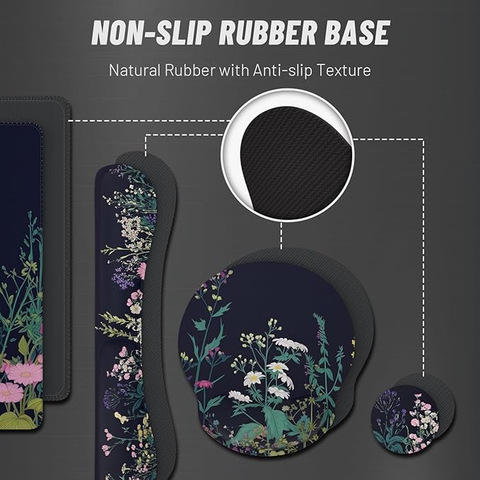Ovenbird Mouse Pad Set 4-in-1 | Large Gaming Mousepad Keyboard Wrist Rest Mouse Wrist Support Coaster | Ergonomic Office Desk Mat Accessories for Women Men | 4PCS 35.4 x 15.7in Black Floral