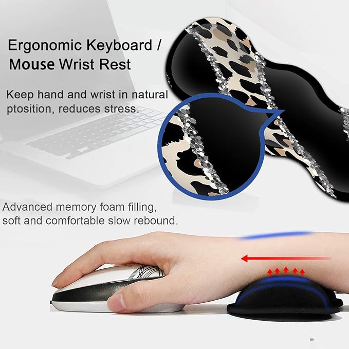 Black Large Gaming Mouse Pad - 31.5x11.8 Ergonomic Memory Foam Wrist Rest Support Non-Slip Base Leopard Design