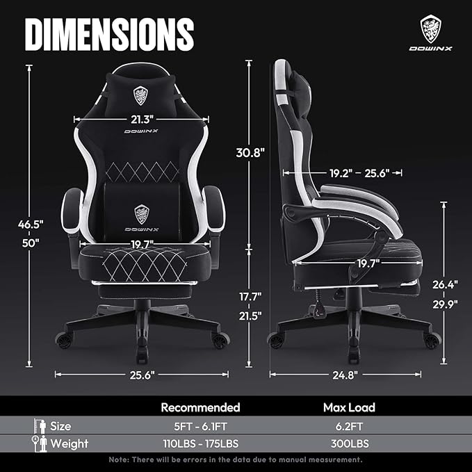 Dowinx Fabric Gaming Chair Computer Office Chair with Pocket Spring Cushions and Lumbar Support Ergonomic Massage Gaming Chairs with Footrest for Big and Tall Black
