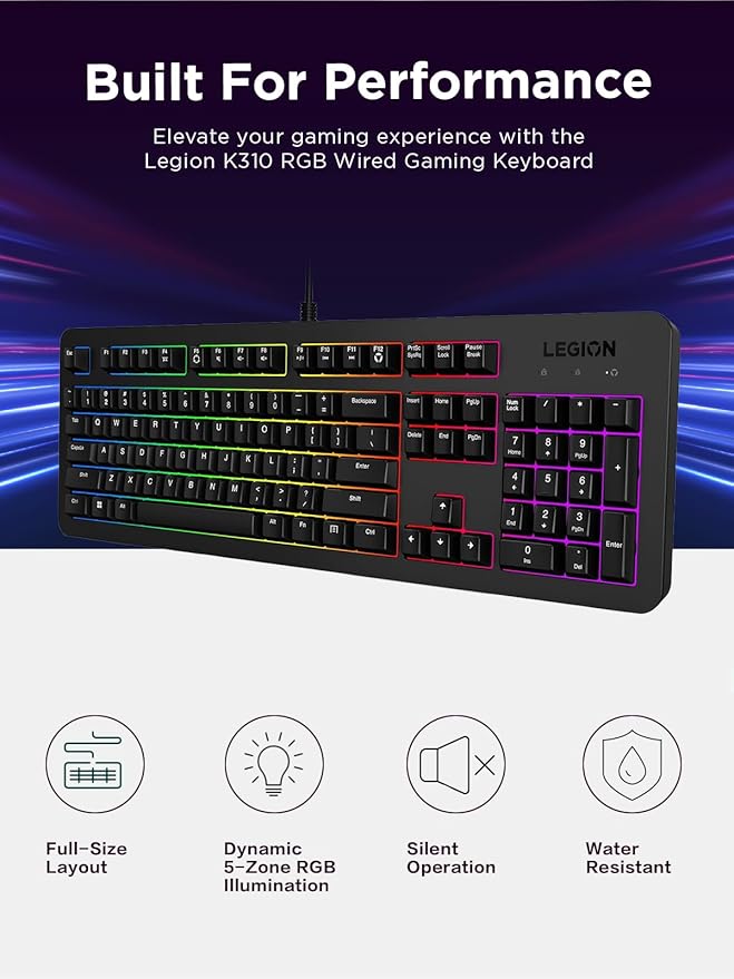 Lenovo Legion K310 RGB Wired Gaming Keyboard - Ultra-Fast Reaction Time with Tactile Keys Quiet Key Membrane Switches Silent Operation RGB Illumination - Water Resistant &amp Compact Design