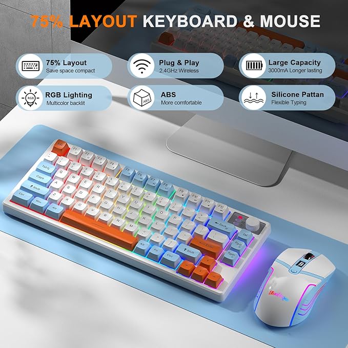 BlueFinger 75% Wireless Gaming Keyboard and Mouse with Smart Display Rechargeable Light Up Wireless Keyboard with Knob Control RGB Backlit Gaming Mouse for Mac Laptop Computer PC Gamer