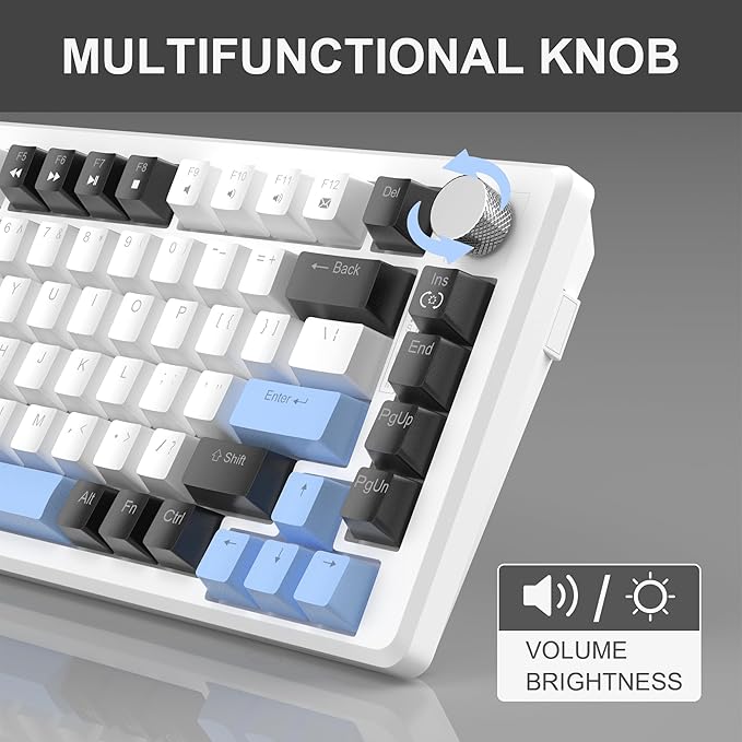 MageGee 75% Mechanical Gaming Keyboard Compact Blue Backlit Wired Gaming Keyboards with Brown Switches EVA Foam Knob Control STAR75 Portable NKRO PC Gaming Keyboard - White &amp Blue
