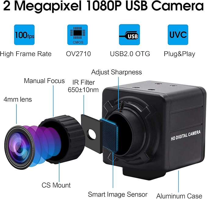 SVPRO 1080P Manual Focus USB Camera 4mm CS Mount Lens High Frame Rate 30fps/60fps/100fps WebcamUSB Plug and Play Computer Camera for WindowsLinuxMac Android