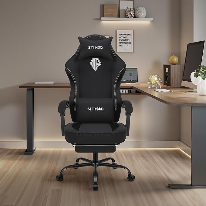 Gaming Chair Fabric with Pocket Spring CushionErgonomic Computer Office Chair Cloth with Footrest and HeadrestHigh Back Game Chair with Lumbar SupportAdjustable Backrest for AdultsBlack