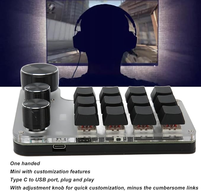One Handed Macro Mechanical Keyboard 12 Keys with 3 Knobs USB Bluetooth Connection Mini Macro Mechanical Gaming Keypad Programmable Shortcut Custom Function