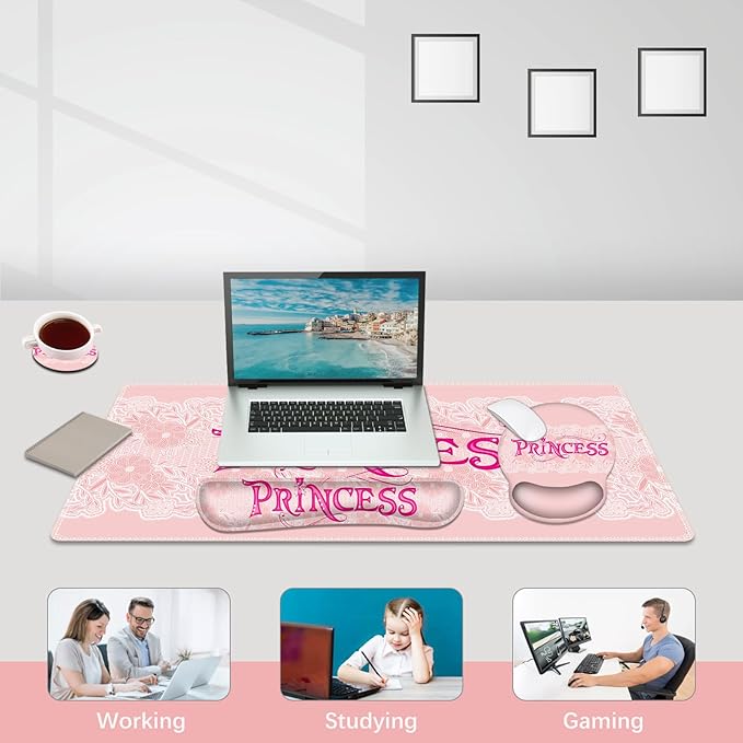 DINKY Pink Mouse Pad with Wrist Rest Desk Pad for Keyboard and Mouse Ergonomic Mousepad Set Keyboard Wrist Rest with Coaster Desk Mat Combo for Office Home Pink Princess