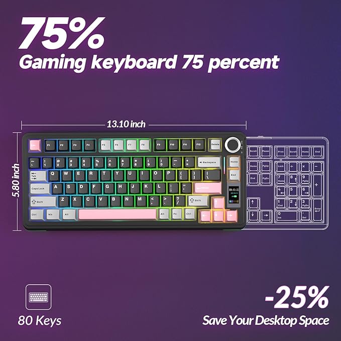 AULA S75 PRO Wireless Mechanical Keyboard with Screen&ampKnob 75% Hot Swappable Gaming Keyboard with Pre-lubed Switches RGB Backlit PBT Keycaps Creamy Sounding Pc Gaming Keyboards