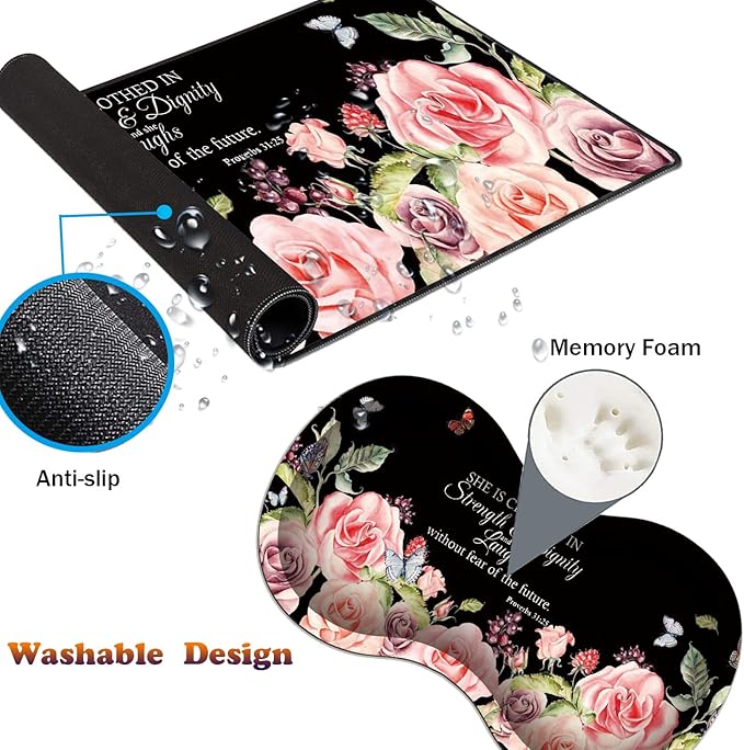 Desk Pad Gaming Mouse Pad + Wrist Rest Support Pad + Coaster 31.5 × 11.8 Durable Non-Slip Extended Computer Mouse Pad Suitable for Office and Home Bible Verses Proverbs 31:25