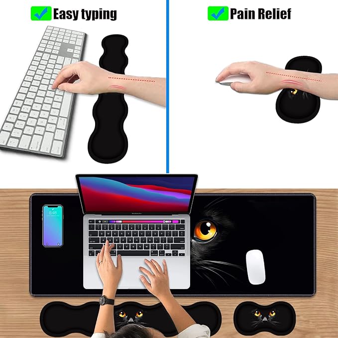 4 in 1 Ergonomic Keyboard Wrist Rest &amp Mouse Pad Wrist Rest Set Large XXL Gaming Desk Mat 31.5x 11.8 with Non-Slip Base Memory Foam for Home Office Study Gaming Black Cat Face